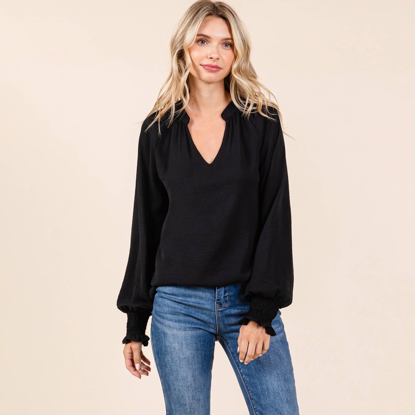 Smocked Long Sleeve Blouse