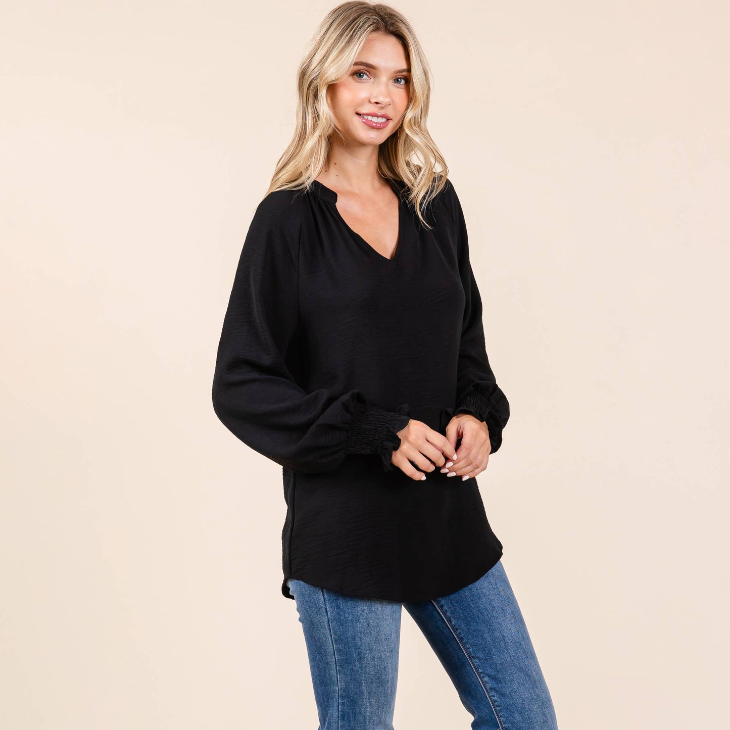Smocked Long Sleeve Blouse