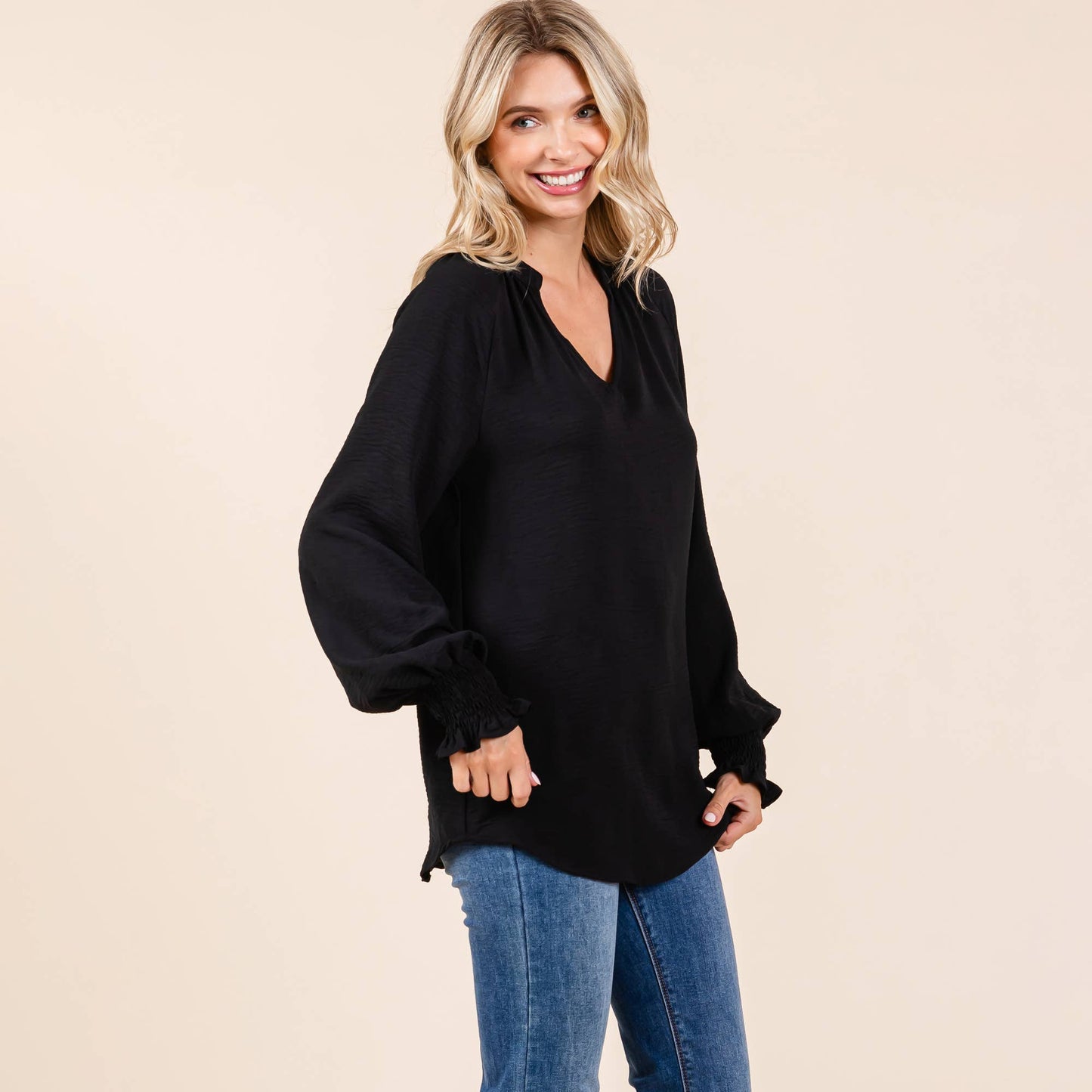 Smocked Long Sleeve Blouse