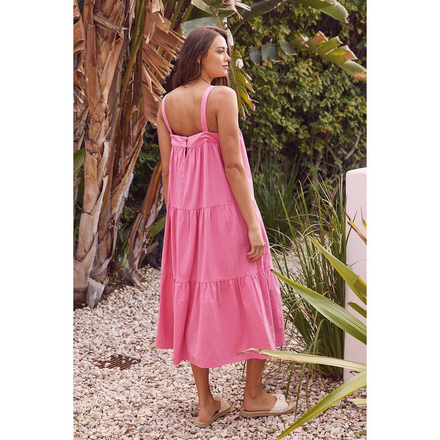 BUTTON ADJUSTABLE COTTON TIERED MIDI DRESS
