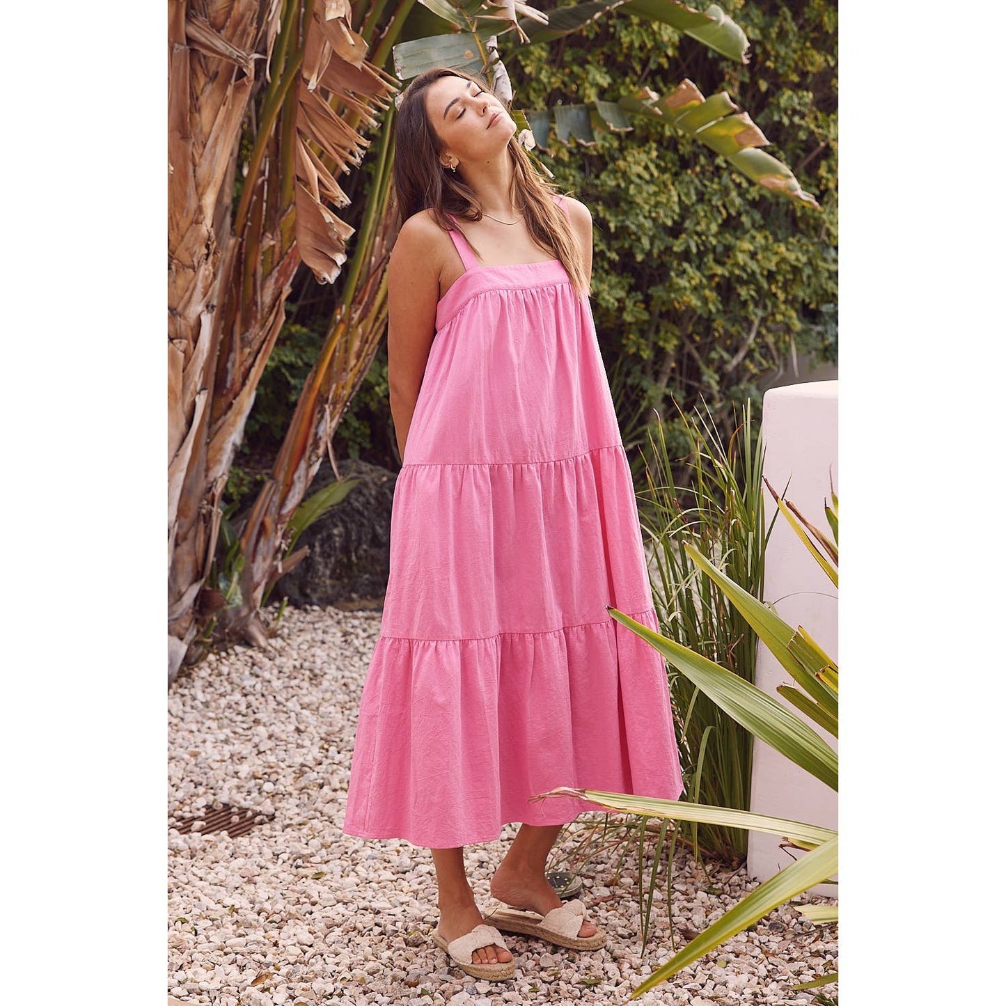 BUTTON ADJUSTABLE COTTON TIERED MIDI DRESS