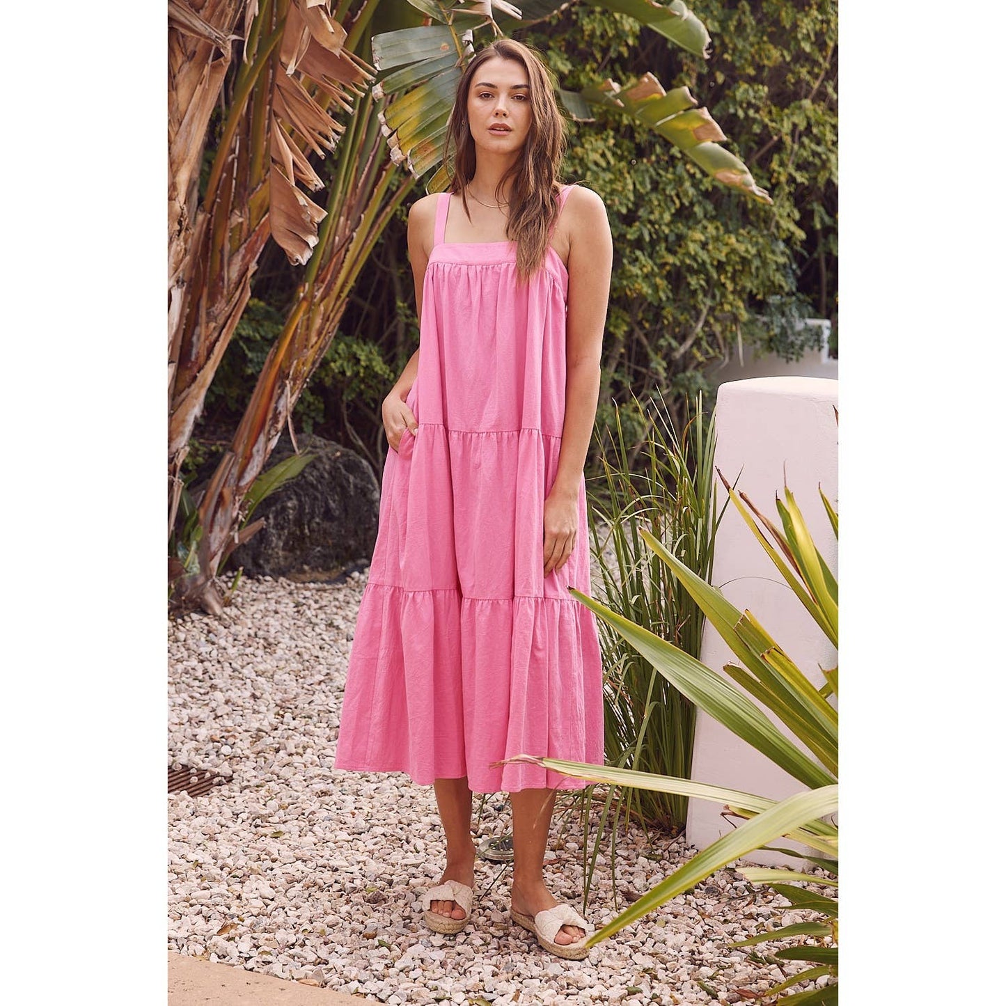 BUTTON ADJUSTABLE COTTON TIERED MIDI DRESS